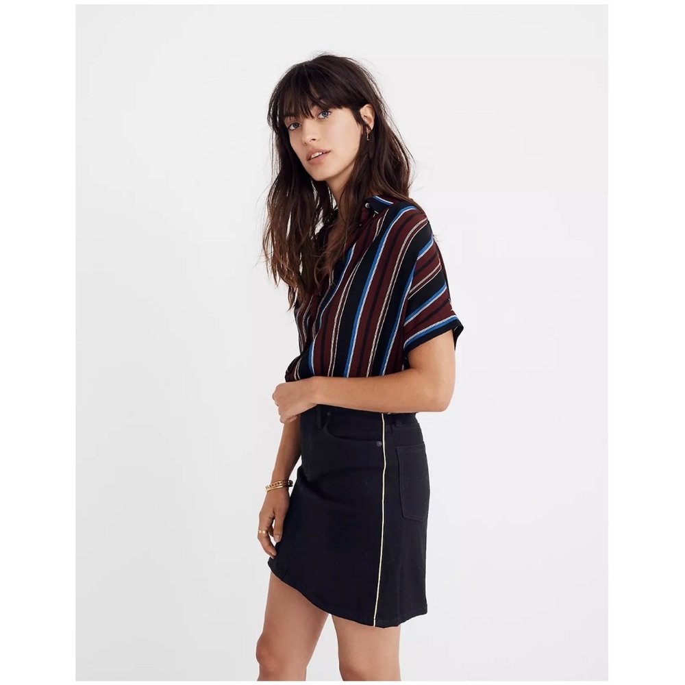 NWT MADEWELL Stretch Black Denim Straight Mini Skirt Gold Piping Edition Size 29